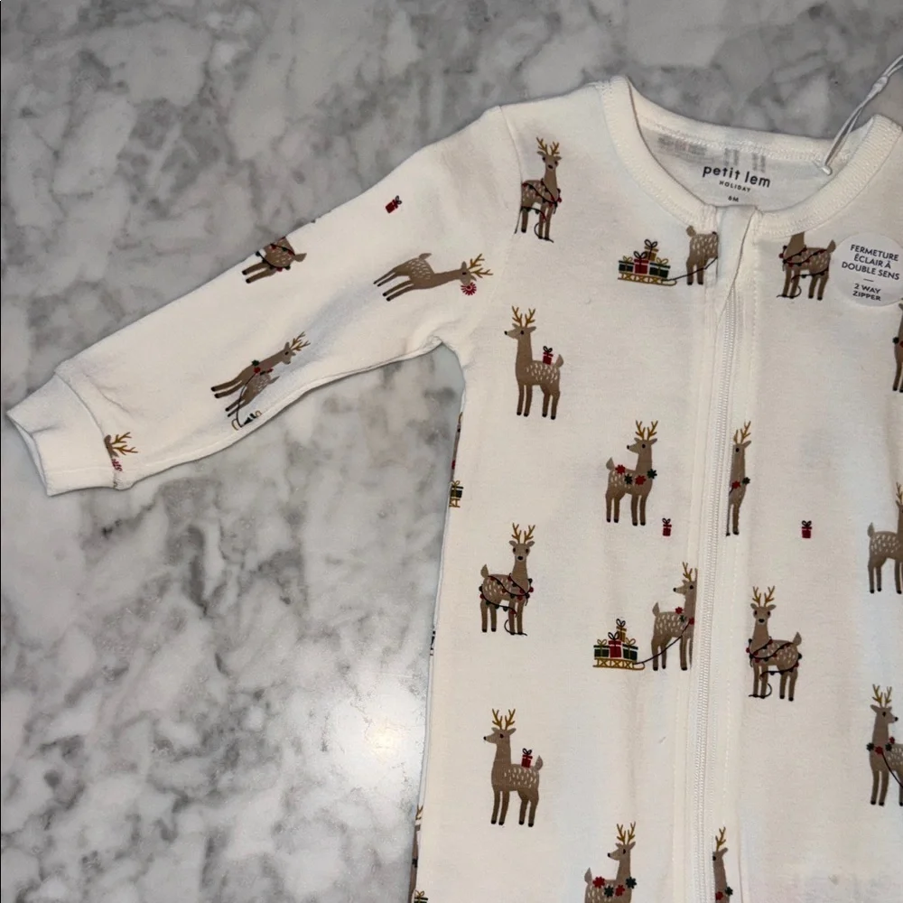 Petit Lem Cream Reindeer Print Footie